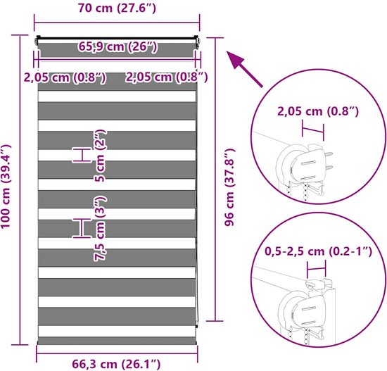 Zebra vidaXL 70 x 100 cm, largeur du tissu 65,9 cm, polyester blanc - Zebra zèbre - Zebra Stores vénitiens Zebra - Store enrouleur double