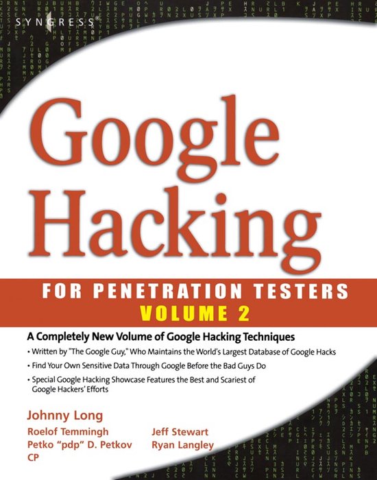 Boekomslag 'Google Hacking for Penetration Testers Volume 2' met oranje en rode tekst op een achtergrond van computersymbolen.