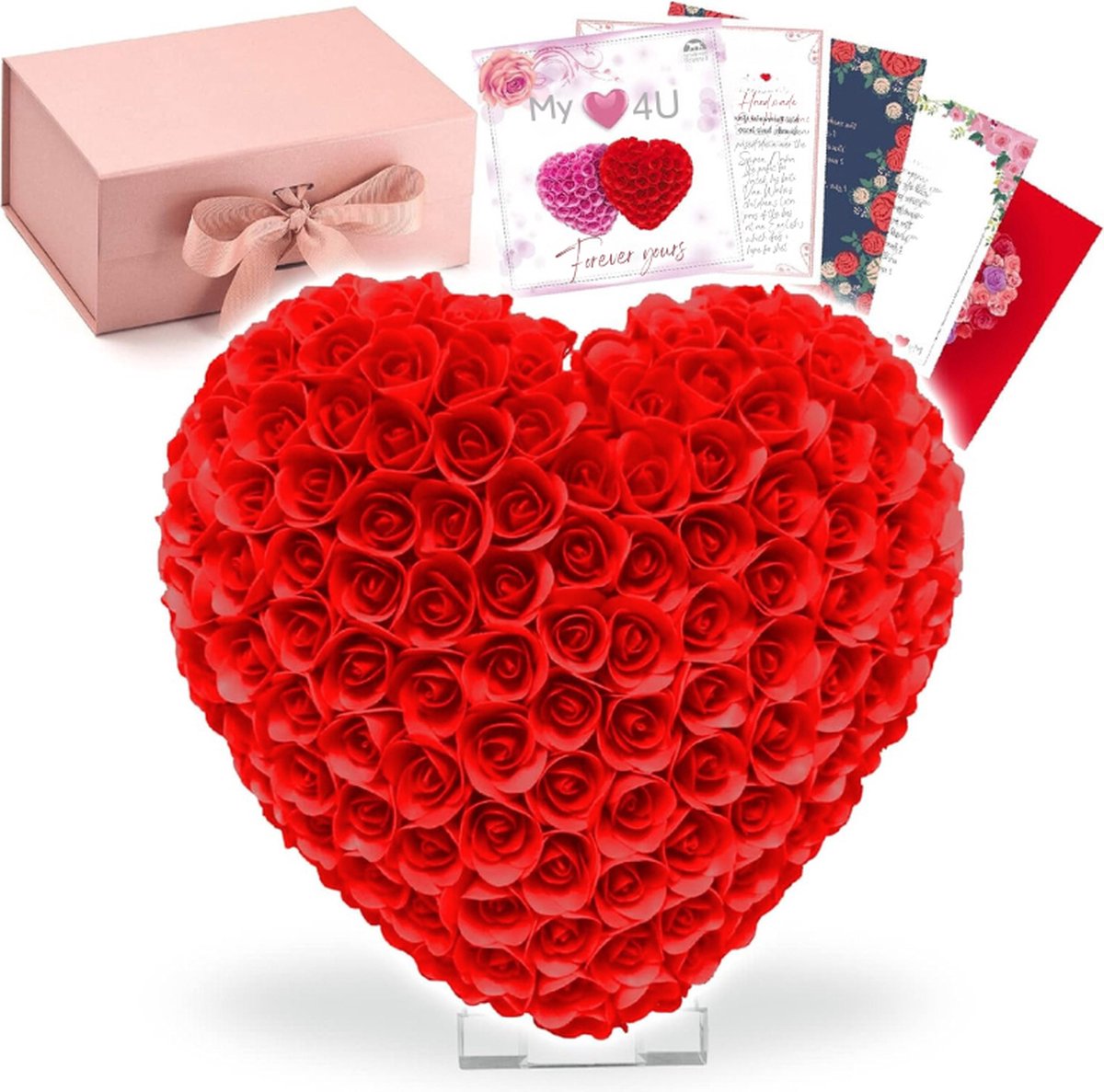 Handgemaakt Bloemenhart Van 9 Inch Met 430 Kunstklei Bloemen - Cadeau Voor Vrouwen - Mama - Of Vriendin - Inclusief Standaard En Geschenkdoos