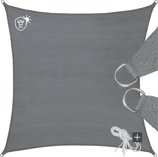 tectake® Zonnescherm - Vierkante zonneluifel - Met UV-bescherming 50+ - Scheurvast - Inclusief spankabels, eenvoudige bevestiging - Diverse modellen - 5 x 5 m - Grijs