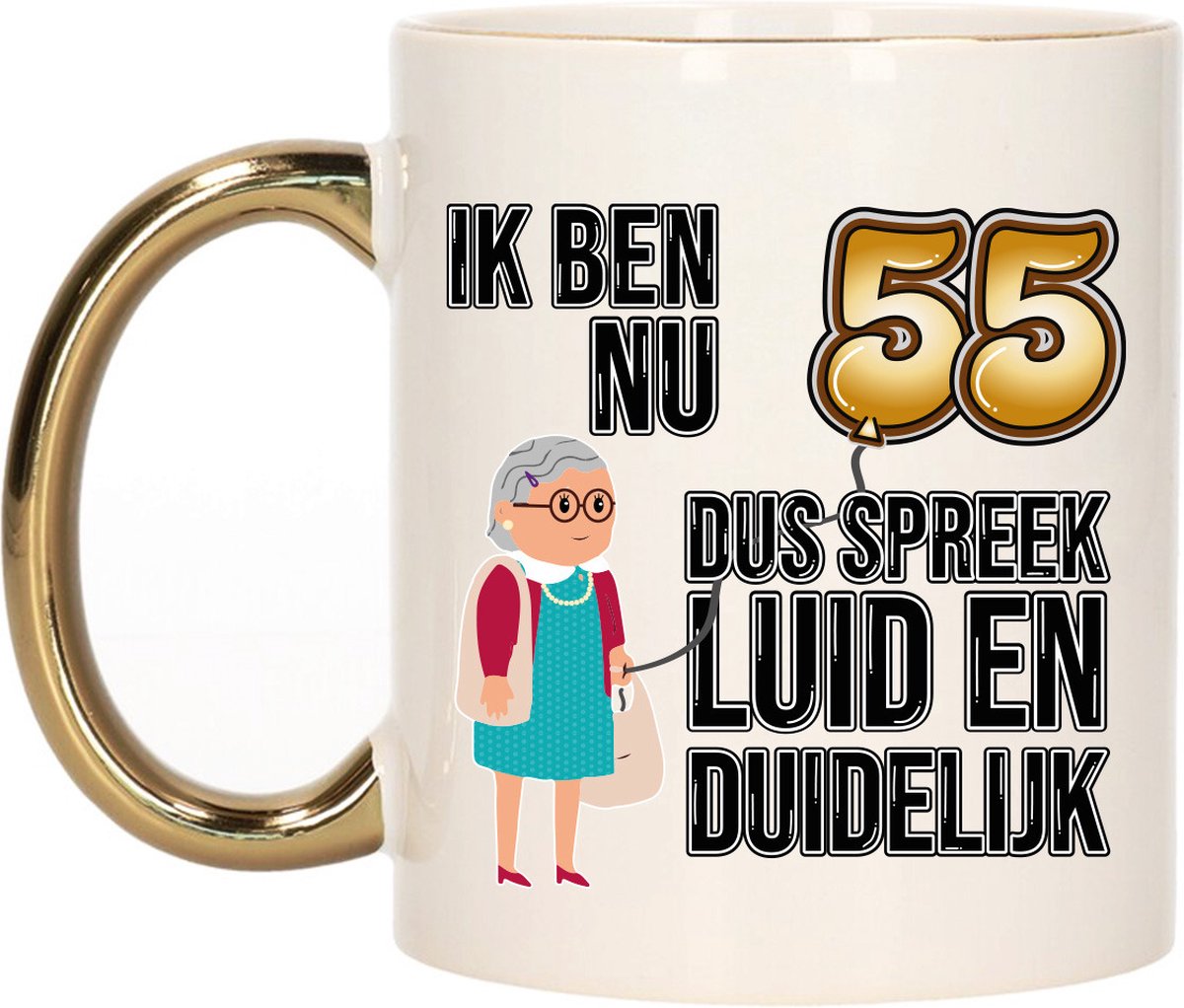 Bellatio Decorations Verjaardag cadeau mok 55 jaar - luid en duidelijk oma - goud - 300 ml