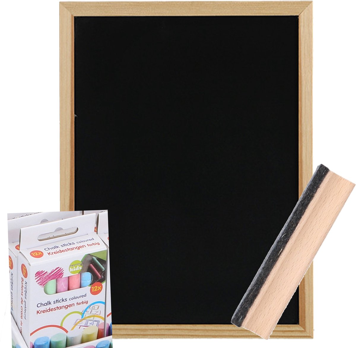 Zeller Krijtbord/schoolbord met gekleurde krijtjes en bordenwisser - 30 x 40 cm - hout