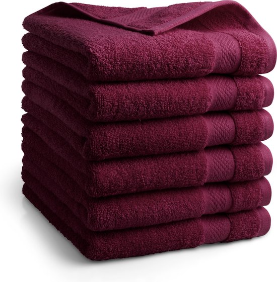 DoubleDry Hotel Handdoeken 50 x 100 cm – Set van 6 – 100% Katoen 500 g/m2 – Zacht & Absorberend - Bordeaux Rood