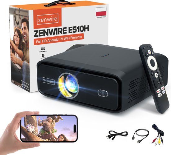 Zenwire E510H - Draagbare Mini Projector met Android TV 11, Full HD 1920x1080p, 4K-ondersteuning, WiFi 2.4/5 GHz, Bluetooth 5.2, Autofocus, Autokeystone 4D, ZOOM, Chromecast, Miracast, Airplay, 500 ANSI lumen, HDR