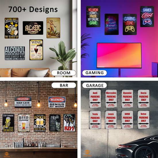 Collage met verschillende stijlen metalen wandborden voor ruimtes zoals een bar, gameroom of garage.