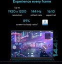 Laptop met een 16-inch scherm, 1920 x 1200 resolutie, 144 Hz verversingssnelheid en 16:10 beeldverhouding. De game "COMBAT" draait op het scherm.