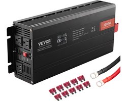 VEVOR Sinusomvormer 3000W DC 12V AC 230V LCD-scherm Stroomomvormer met 3 AC-aansluitingen 2 USB-poorten 1 Type-C-poort 10 Vervangingszekeringen voor Grote Huishoudelijke Apparaten