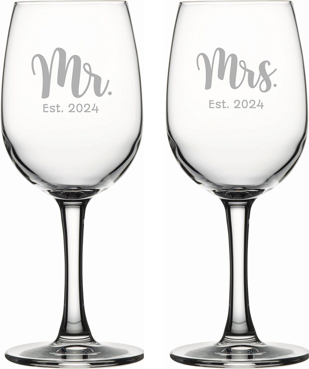 Gegraveerde set witte wijnglazen 26cl Mr. Est. 2024 - Mrs. Est. 2024