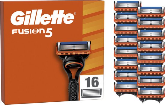 Gillette Fusion5 verpakking met 16 scheermesjes, oranje en wit. Een scheermesje ligt ernaast.
