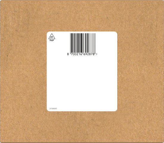 Bruine kartonnen doos met witte sticker en barcode. "21 PAP" symbool.