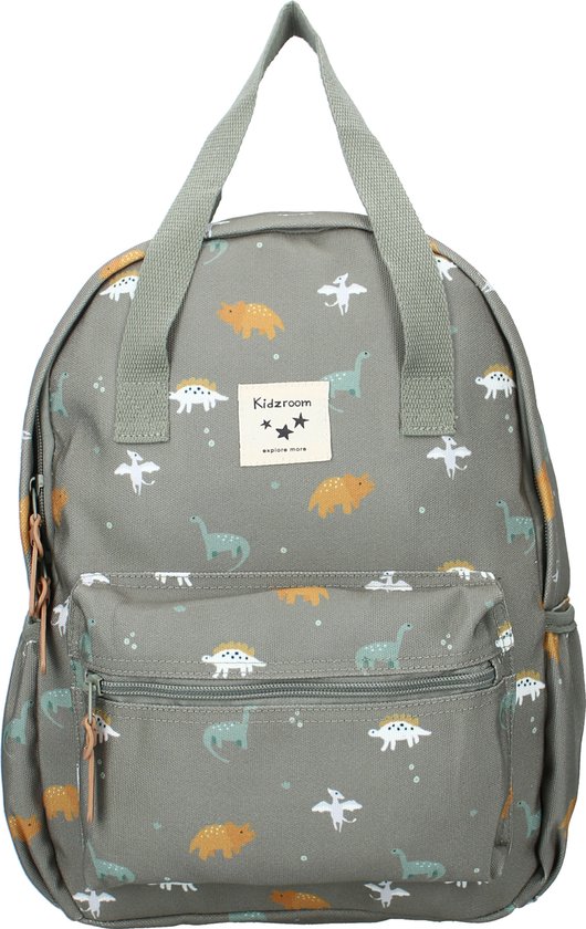 Grijze kinderrugzak met Kidzroom label en een all-over print van groene, oranje en witte dinosaurussen en vliegende wezens.