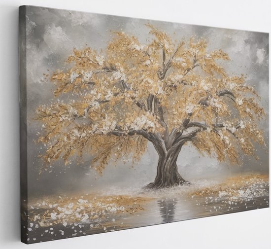 Saammp Canvas Schilderij - Goude winterboom - Abstract - 120x80 - Foto op canvas - Wanddecoratie - Muurdecoratie Woonkamer - Slaapkamer decoratie - Canvas Print