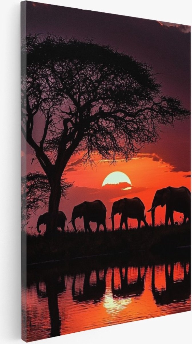 Saammp Canvas Schilderij - Olifanten in afrika - Silhouet - Natuur - Dieren - 20x30 - Foto op canvas - Wanddecoratie - Muurdecoratie Woonkamer - Slaapkamer decoratie - Canvas Print Multicolor