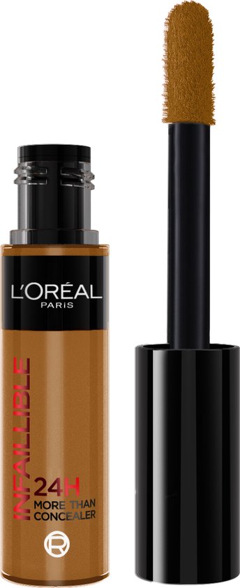 L'Oréal Infaillible More Than Concealer in een donkere bruine tint met een zwarte dop en applicator.