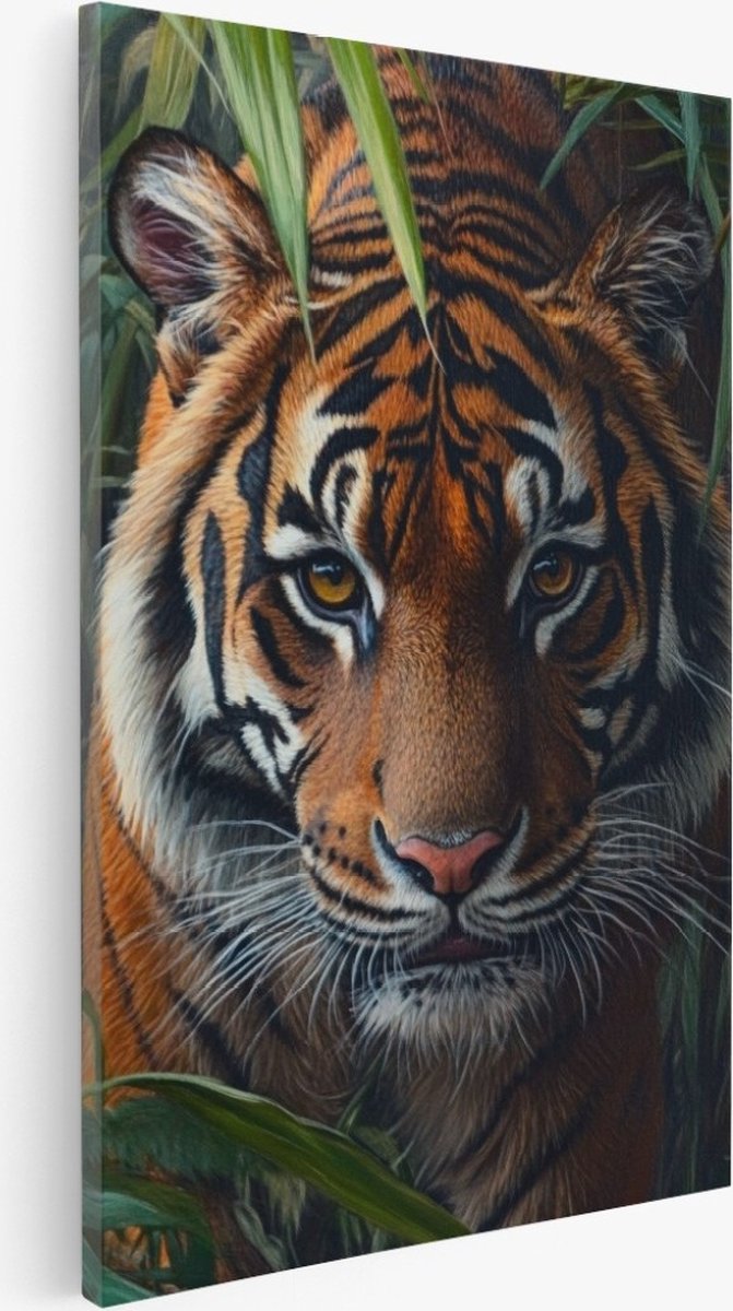 Saammp Canvas Schilderij - Tijger tussen de planten in de jungle - Dieren - Natuur - 80x120 - Foto op canvas - Wanddecoratie - Muurdecoratie Woonkamer - Slaapkamer decoratie - Canvas Print Multicolor