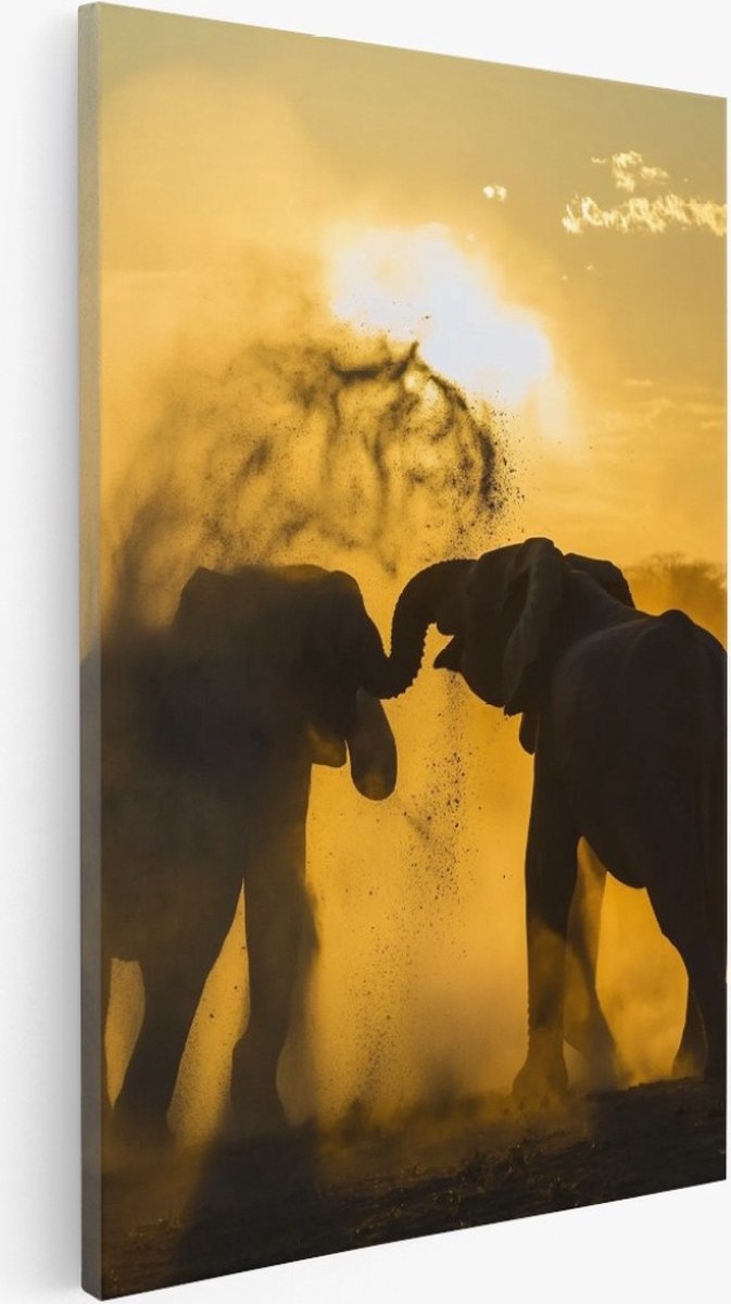 Saammp Canvas Schilderij - 2 spelende olifanten - Zonsondergang - Afrika - Dieren - 40x60 - Foto op canvas - Wanddecoratie - Muurdecoratie Woonkamer - Slaapkamer decoratie - Canvas Print Multicolor