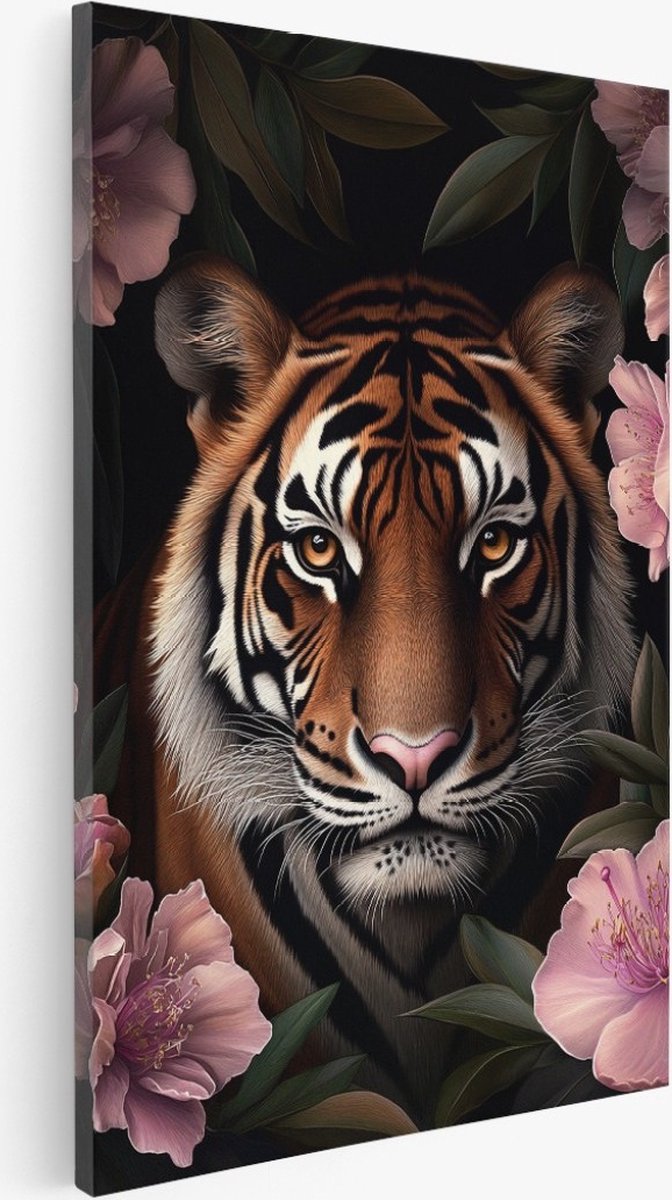 Saammp Canvas Schilderij - Tijger Tussen de roze bloemen - Abstract - Natuur - Dieren - 40x60 - Foto op canvas - Wanddecoratie - Muurdecoratie Woonkamer - Slaapkamer decoratie - Canvas Print Multicolor