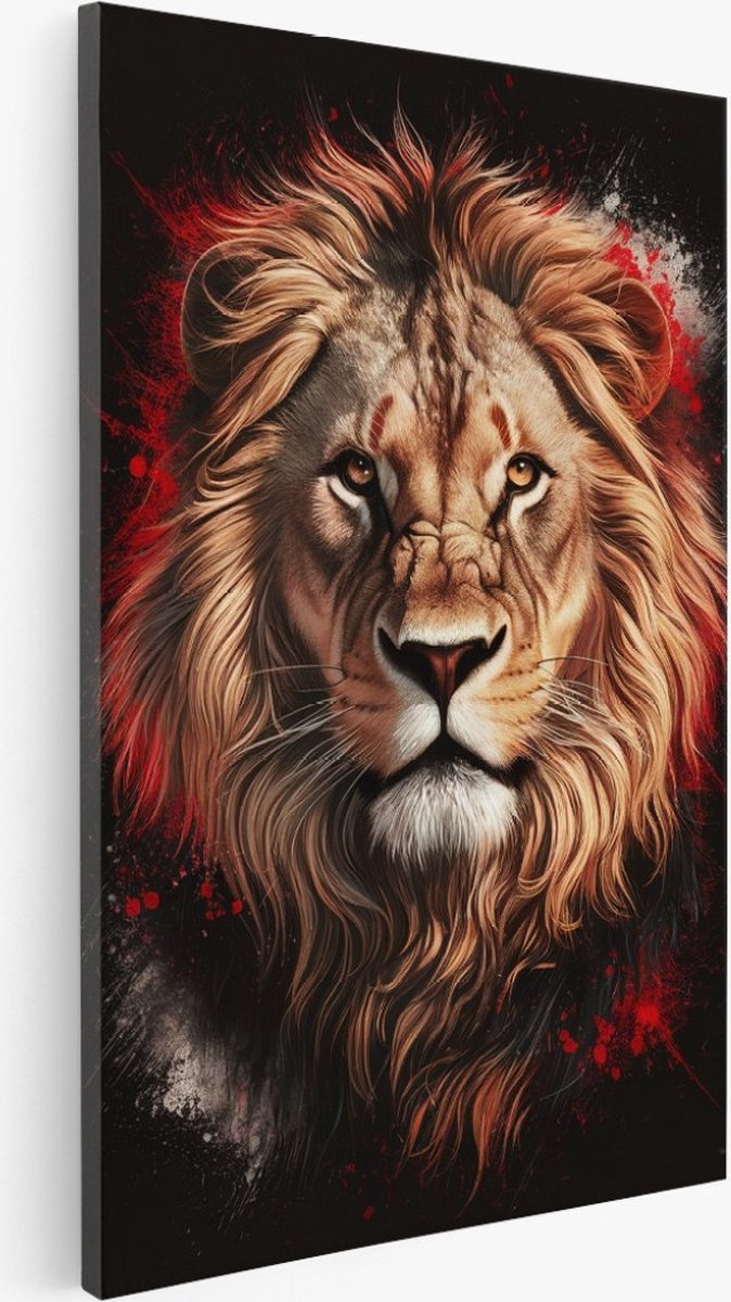 Saammp Canvas Schilderij - Leeuw - Dieren - Abstract - Rood - 75x100 - Foto op canvas - Wanddecoratie - Muurdecoratie Woonkamer - Slaapkamer decoratie - Canvas Print Multicolor