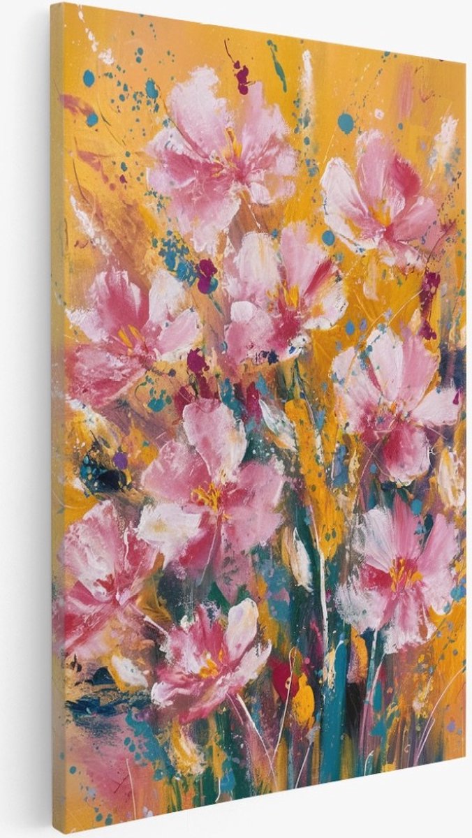 Saammp Canvas Schilderij - Roze bloemen - Geel - Abstract - Bloemen - 75x100 - Foto op canvas - Wanddecoratie - Muurdecoratie Woonkamer - Kantoor Decoratie Multicolor