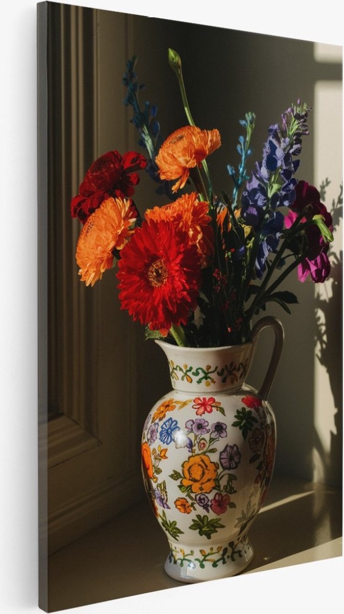 Saammp Canvas Schilderij - Bloemen - Stilleven - Vaas in de zon - 75x100 - Foto op canvas - Wanddecoratie - Muurdecoratie Woonkamer - Kantoor Decoratie Multicolor