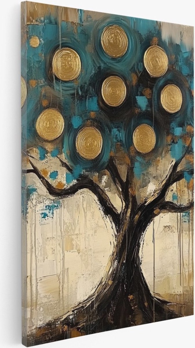 Saammp Canvas Schilderij - Boom met goude cirkels- Abstract kunstwerk - 100x150 - Foto op canvas - Wanddecoratie - Muurdecoratie Woonkamer - Slaapkamer decoratie - Canvas Print Multicolor