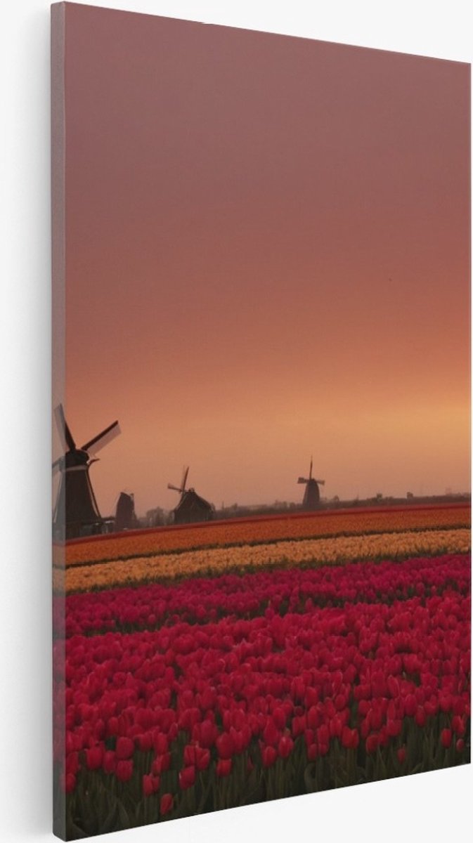 Saammp Canvas Schilderij - Landschap - bloemenveld met een molen - Natuur - 60x90 - Foto op canvas - Wanddecoratie - Muurdecoratie Woonkamer - Slaapkamer decoratie - Canvas Print Multicolor