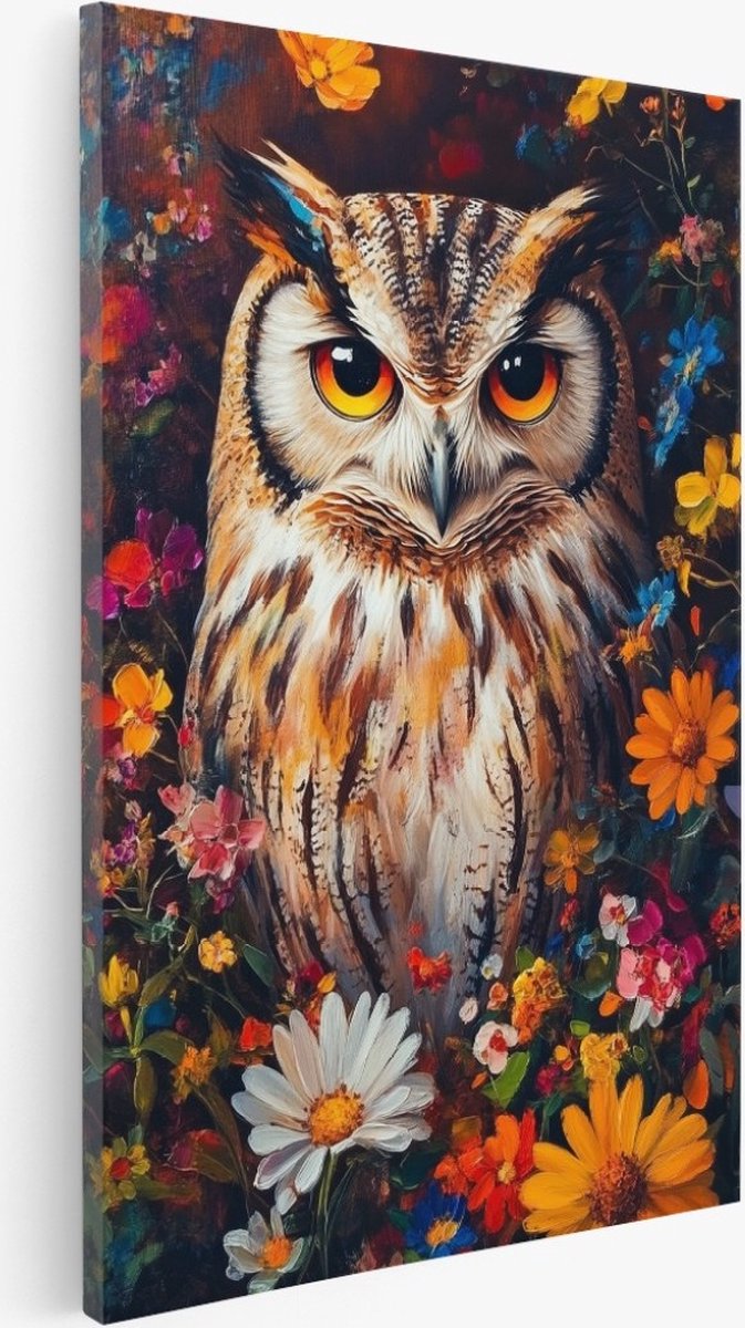 Saammp Canvas Schilderij - Uil tussen kleurrijke bloemen - Abstract - Dieren - Natuur - 40x50 - Foto op canvas - Wanddecoratie - Muurdecoratie Woonkamer - Slaapkamer decoratie - Canvas Print Multicolor
