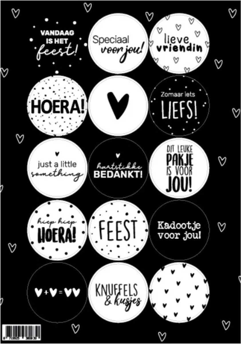 Sticker- sluitsticker - Stickervel - A5 - zwart wit - feestje - bedankt - sluitsticker - hoera