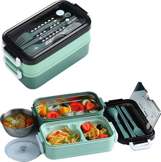 Lunchbox avec bol à soupe, plateau en acier inoxydable et Couverts- Lunchbox Adultes compartiments - Lunchbox adultes avec compartiments - Lunchbox Enfants- Boîtes repas Enfants- Hermétique et étanche - Sans BPA - Livret de recettes avec facture