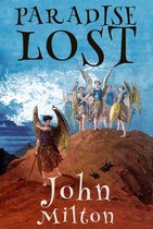 La couverture de 'Paradise Lost' de John Milton montre un groupe de personnages ailés sur une colline rocheuse sous un ciel bleu dramatique. Une figure aux ailes dorées se tient au premier plan avec une épée.