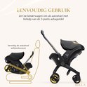 Illustratie toont hoe een zwarte autostoel op een kinderwagenframe wordt geplaatst en hoe deze wordt vastgezet met een 3-puntsgordel. Tekst: "EENVOUDIG GEBRUIK".