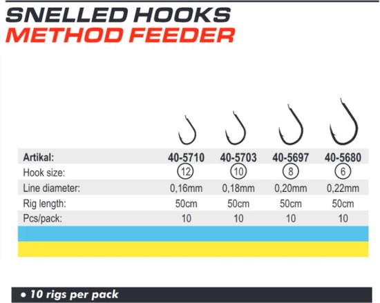 Snelled Hooks 'Method Feeder' - Haakmaat #6 - 0.22mm - 50cm - 10 stuks - Feeder, Method, Witvis Onderlijnen van Cresta — afbeelding 2