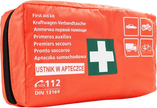 Boîte de Premiers secours DIN 13164 - Set de Premiers secours de voyage complet avec emballage étanche et embout rouge
