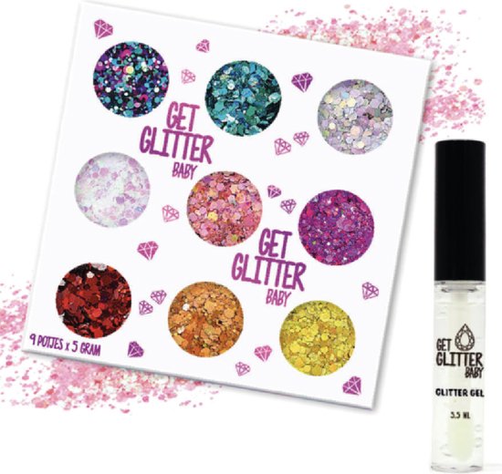 GetGlitterBaby® - 9 potjes glitter + lijm  - festival make up