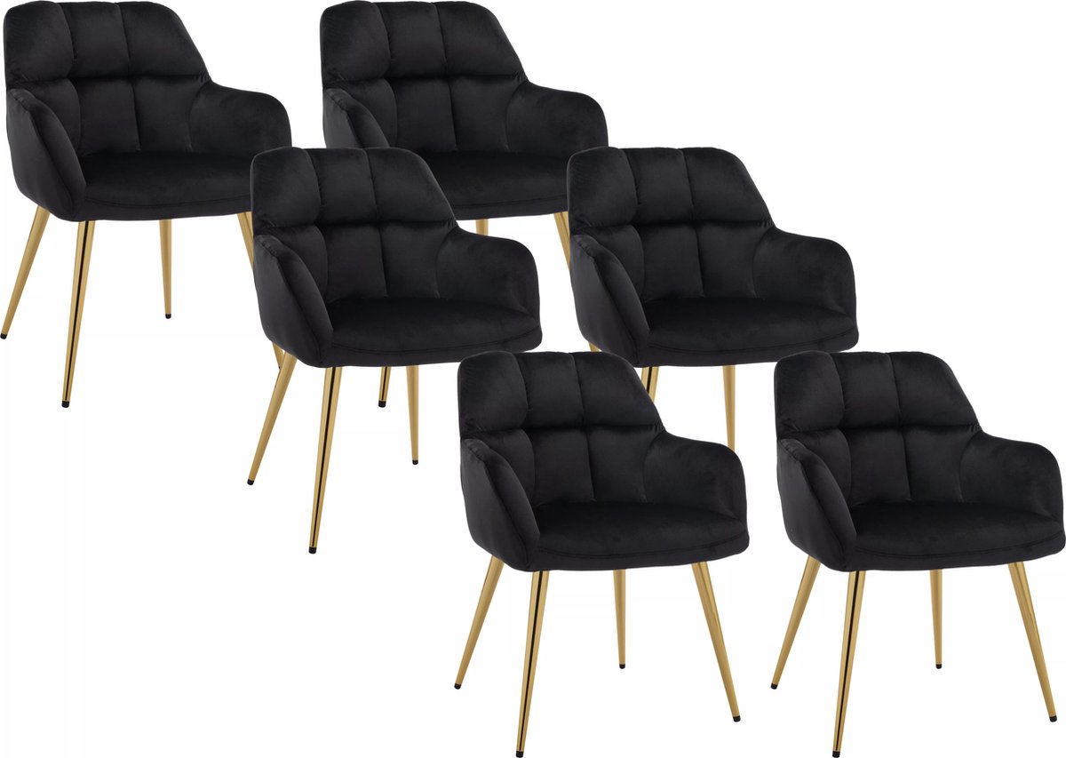 Vente-unique Set van 6 stoelen met armleuningen van fluweel en goudkleurig metaal - Zwart - PEGA