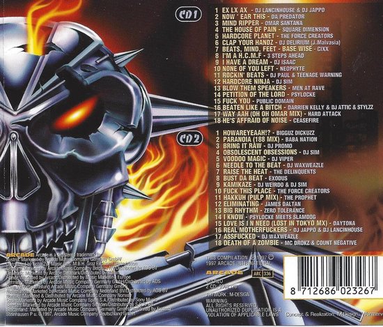 Achterkant van een albumhoes met de tracklist voor CD1 en CD2, naast een metalen schedel met gloeiende oranje ogen en vlammen. Bevat de tekst 'EARTHQUAKE 7 THE ULTIMATE HARDCORE COLLECTION'.