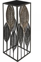 Metalen zuil met palmbladeren metaal 27x27x80 met een glas plaat - Plantentafel-sokkel - zwart brons kleurige bladeren
