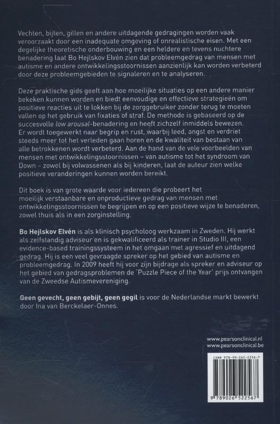 Achterflap van het boek 'Geen gevecht, geen gebijt, geen gegil' met tekst over autisme en gedrag.