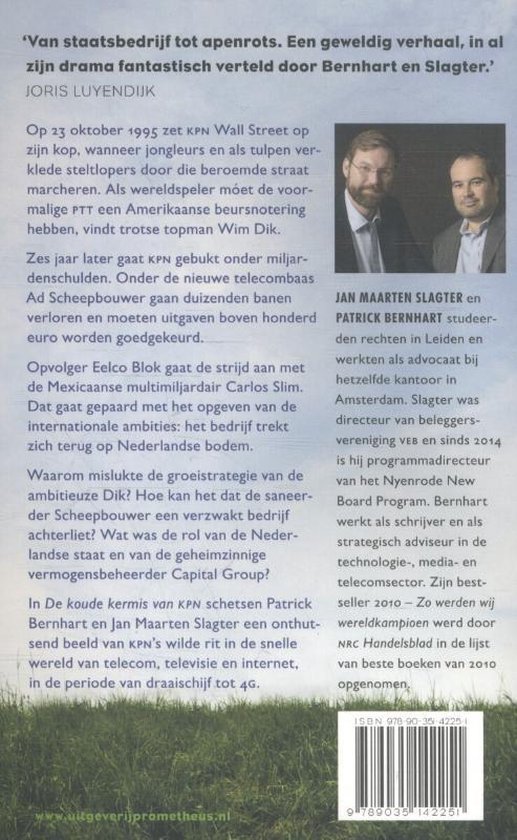 Achterkant boekcover 'De koude kermis van KPN' met tekst en portretten van de auteurs.