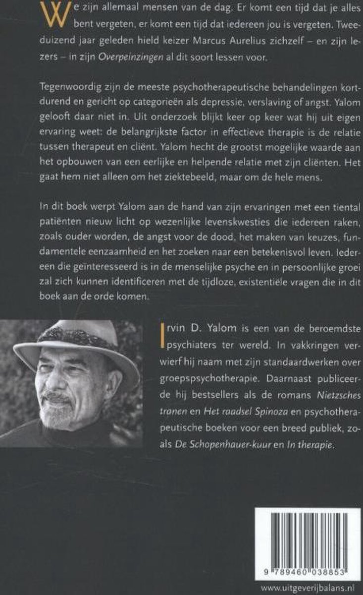 Achterkant boek met portretfoto van Irvin D. Yalom en tekst over zijn werk.