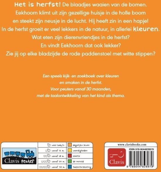 Boek "Het is herfst" met een eekhoorn die uit een boomkruipt, bladeren, een paddenstoel, en tekst over de herfst.