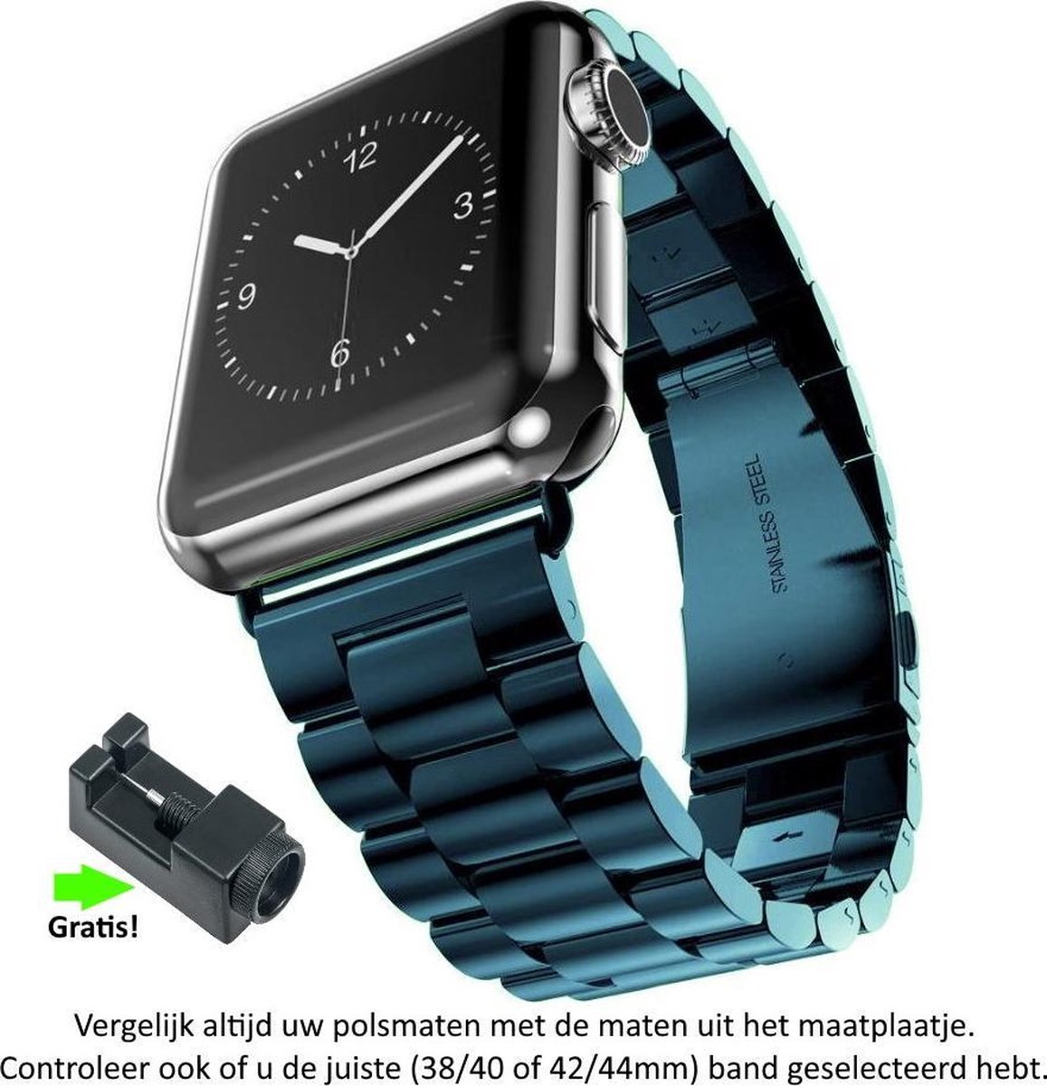 Blauw Stalen Horloge Band geschikt voor Apple Watch 1, 2, 3, 4, 5, 6, 7, 8, SE, 42mm & 44mm "Mannenbreedte" Series – Maat: zie maatfoto - Roestvrij staal - RVS - 42 mm & 44 mm