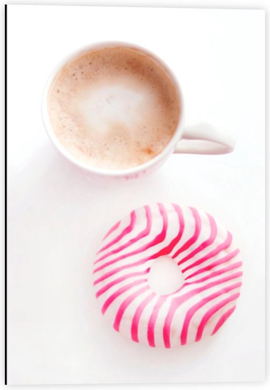 Dibond - Kop Koffie met Donut - 40x60cm Foto op Aluminium (Wanddecoratie van metaal)