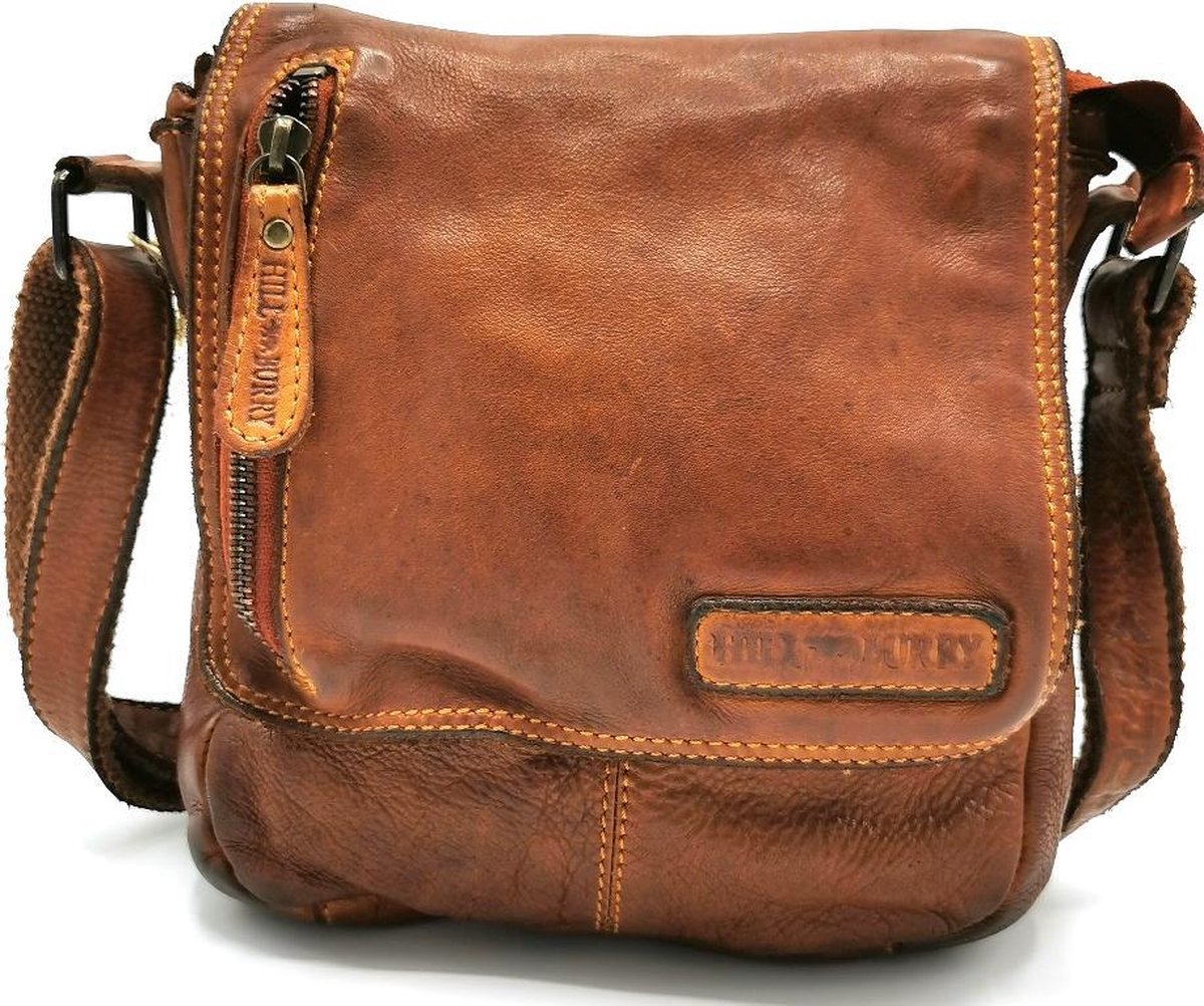Hillburry leren crossbodytas gewassen leer bruin (cognac)