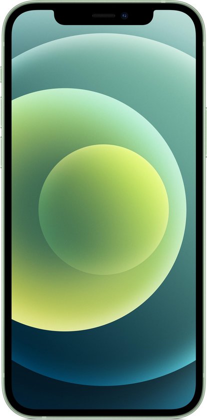 Lichtgroene iPhone met een modern scherm met achtergrond van gekleurde cirkels.