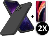 iPhone 12 & iPhone 12 Pro Hoesje Zwart - Siliconen Back Cover 2X Glazen Screenprotector