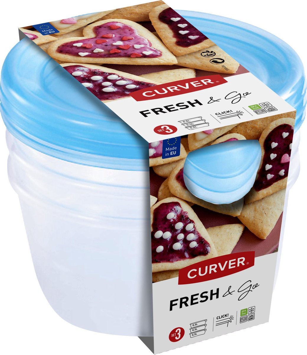 Curver Set Fresh&Go Vierkant - 3x0,5l - Transparant /Blauw