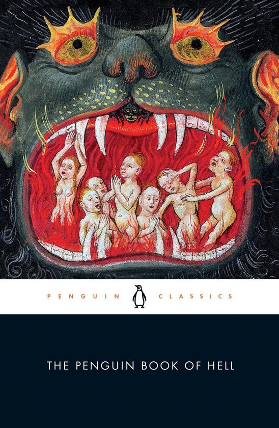 De kaft van 'The Penguin Book of Hell' toont een demonische muil met vele tanden, waarin kleine, naakte figuren worden vastgehouden.