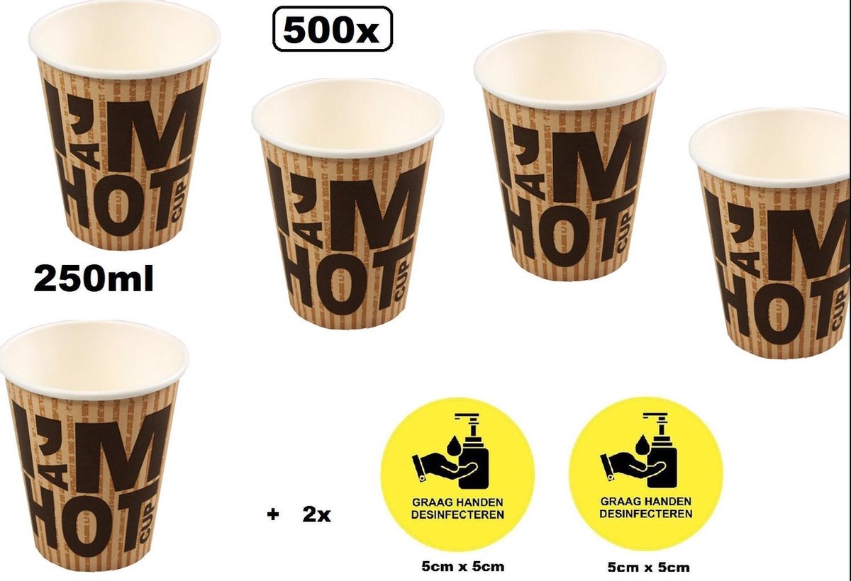 500x Koffiebeker I am Hot 250cc + 2 stickers handen desinfecteren - Koffie thee chocomel soep drank water beker karton