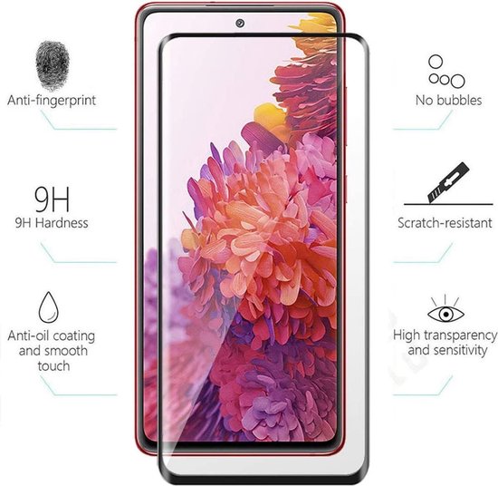 Gehard glas screenprotector voor een telefoon met paars-oranje achtergrond, met icoontjes voor anti-vingerafdruk, 9H hardheid, anti-olie, geen bubbels, krasbestendig.